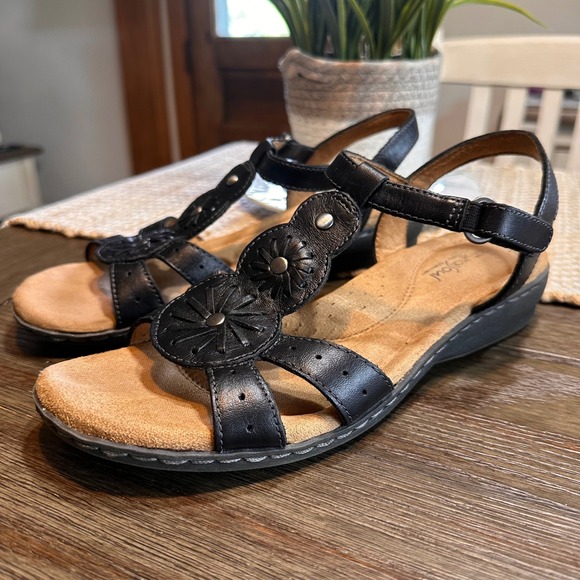 Natural Soul Barroll Black Leather Flower Detail Ankle Strap Sandals US 9.5M‎ - Picture 3 of 10